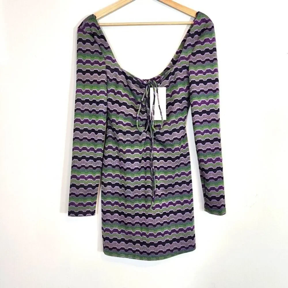 NWT Zara Green Purple Metallic Geo Striped 90s Y2K Cutout Mini Dress Size Small